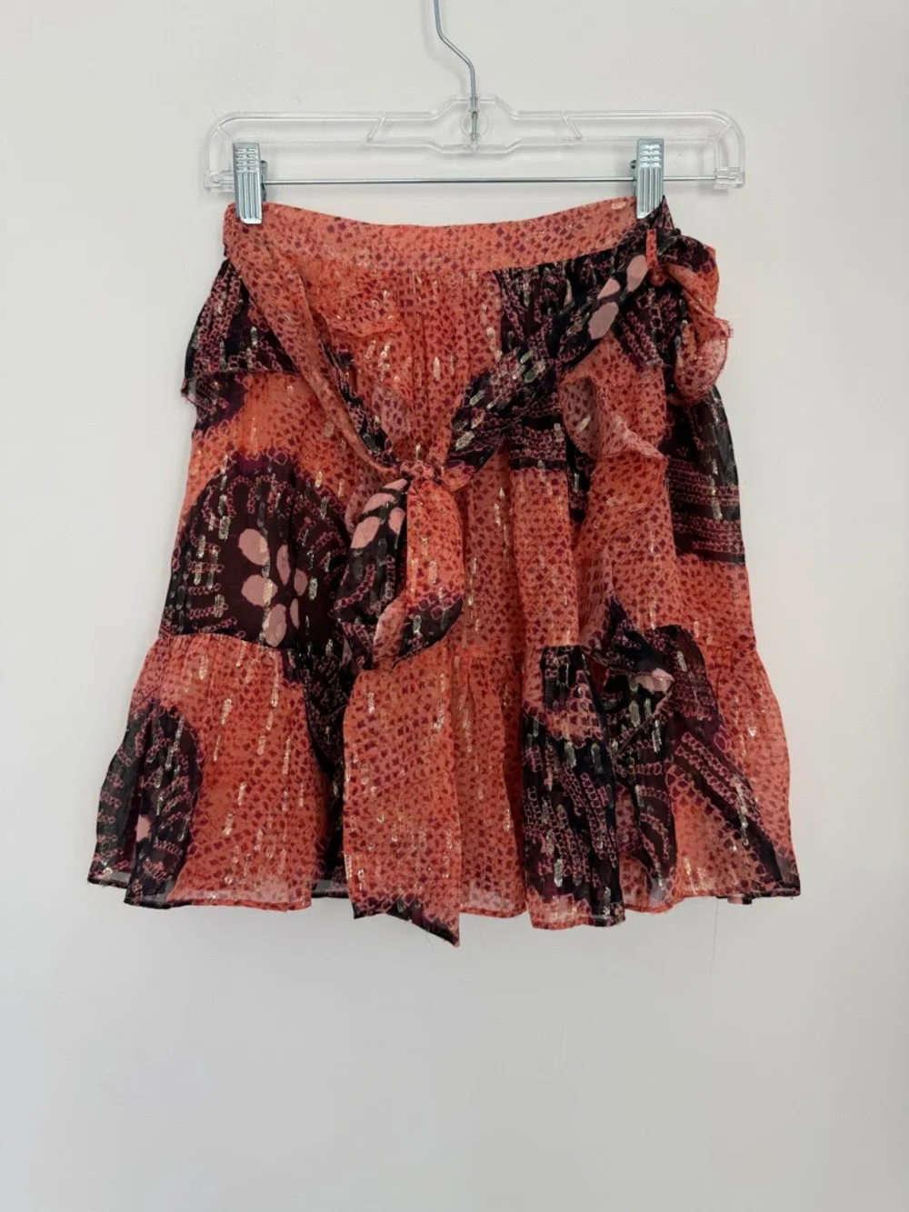 Ulla Johnson 4 Zea Silk Skirt Pink Coral Floral Tiered Waist Tie